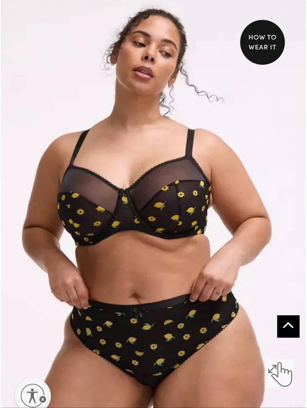 Torrid 5x Mesh Mid-Rise Embroidered Thong Panty  Black Floral Yellow Lemon Print